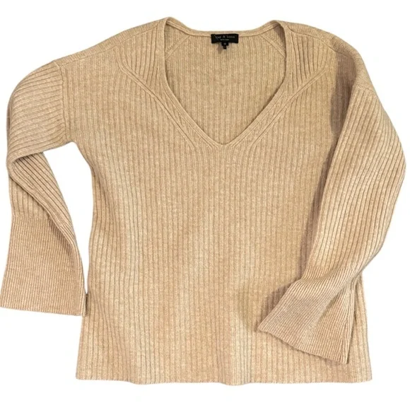 Rag & Bone Mitchell 100% Merino Wool V Neck Ribbed Sweater Oat Large - Picture 2 of 7